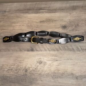 women’s belt Large XL black gold brass concho  flowers Vintage leather 90s y2k